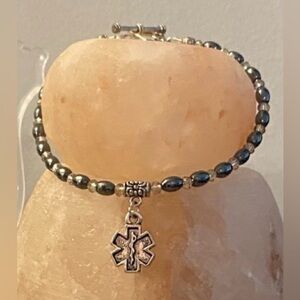 NEW Healing Hematite bead bracelet with Diabetic charm & chandelier earrings